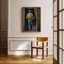 Room view with a full frame of A vintage oil painting, a cowboy standing at a doorway, back view