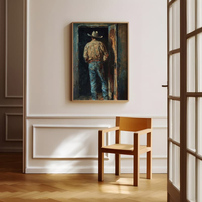 Room view with a full frame of A vintage oil painting, a cowboy standing at a doorway, back view