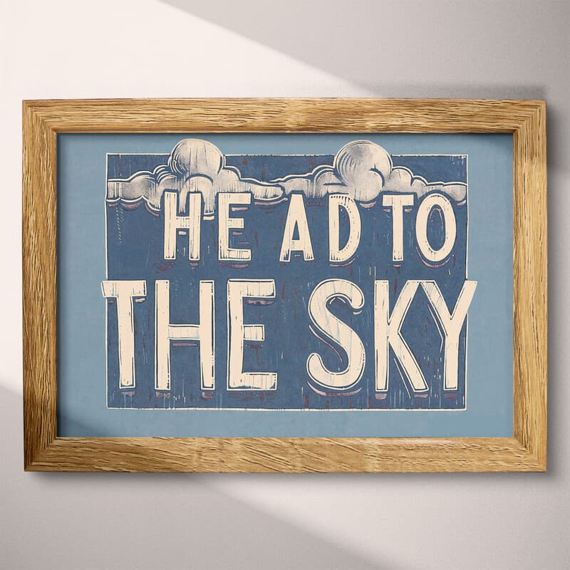 Full frame view of A vintage linocut print, the words "HEAD TO THE SKY" with clouds