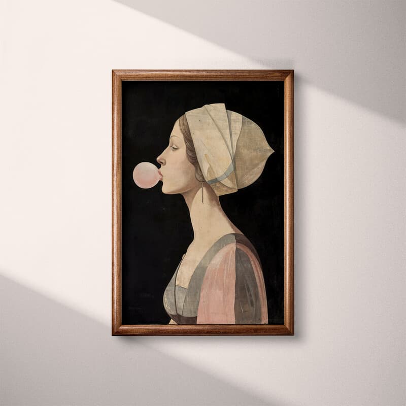 Full frame view of A vintage oil painting, a woman blowing bubble gum