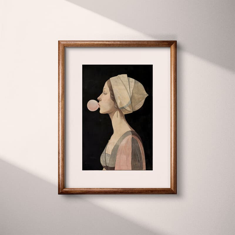 Matted frame view of A vintage oil painting, a woman blowing bubble gum