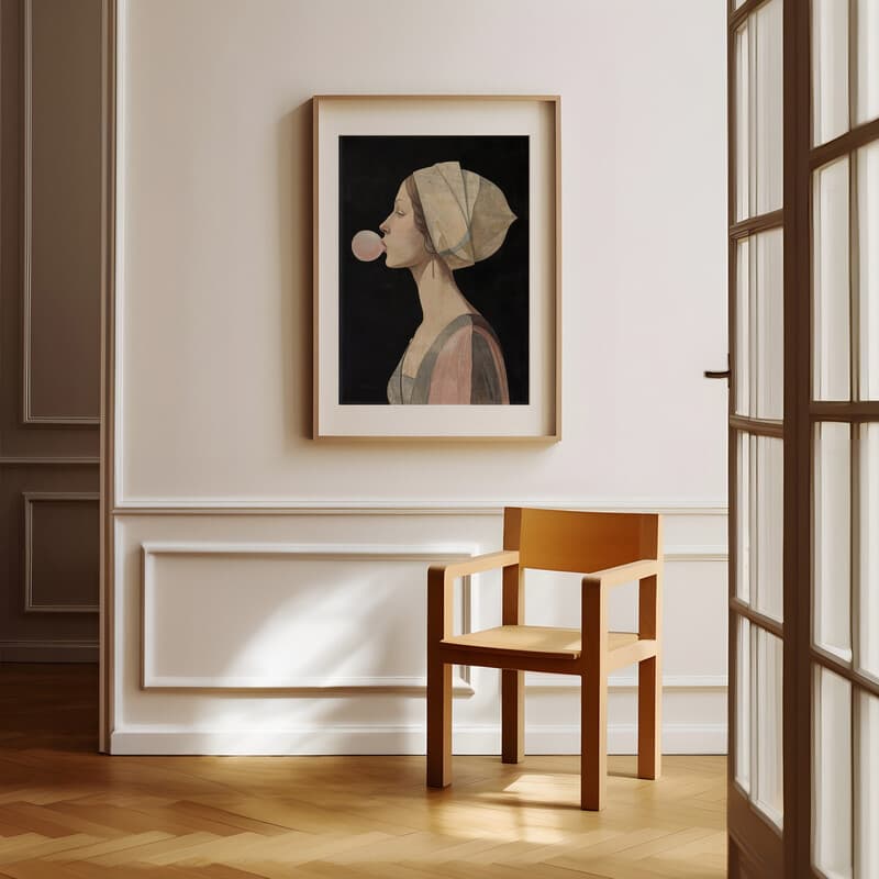 Room view with a matted frame of A vintage oil painting, a woman blowing bubble gum