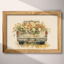 Truck Flowers Art | Transportation Wall Art | Flowers Print | White, Brown, Black and Red Decor | Rustic Wall Decor | Living Room Digital Download | Housewarming Art | Mother's Day Wall Art | Spring Print | Pastel Pencil Illustration