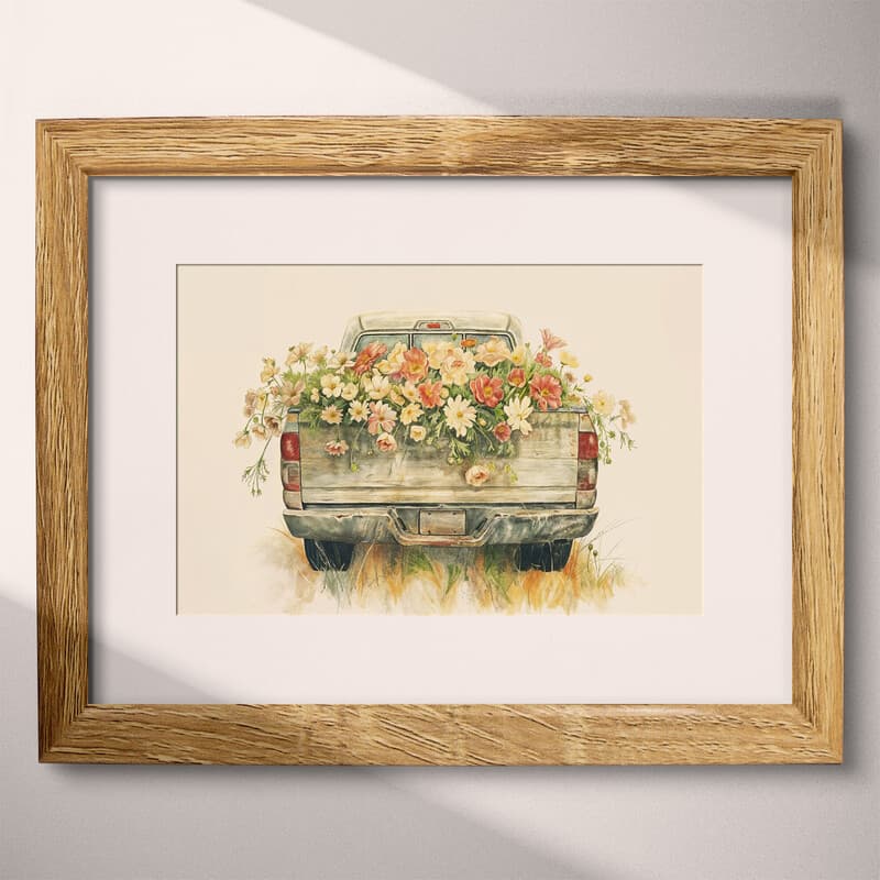 Matted frame view of A rustic pastel pencil illustration, a truck bed full of flowers