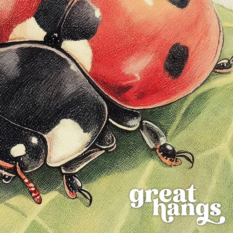 Closeup view of A cute chibi anime colored pencil illustration, ladybugs on a leaf