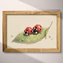 Full frame view of A cute chibi anime colored pencil illustration, ladybugs on a leaf