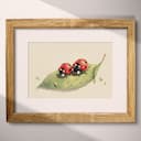 Matted frame view of A cute chibi anime colored pencil illustration, ladybugs on a leaf