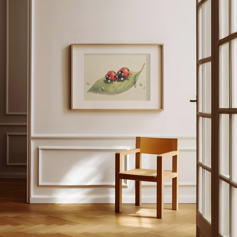 Room view with a matted frame of A cute chibi anime colored pencil illustration, ladybugs on a leaf