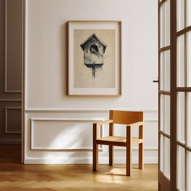 Room view with a matted frame of A vintage charcoal sketch, a birdhouse