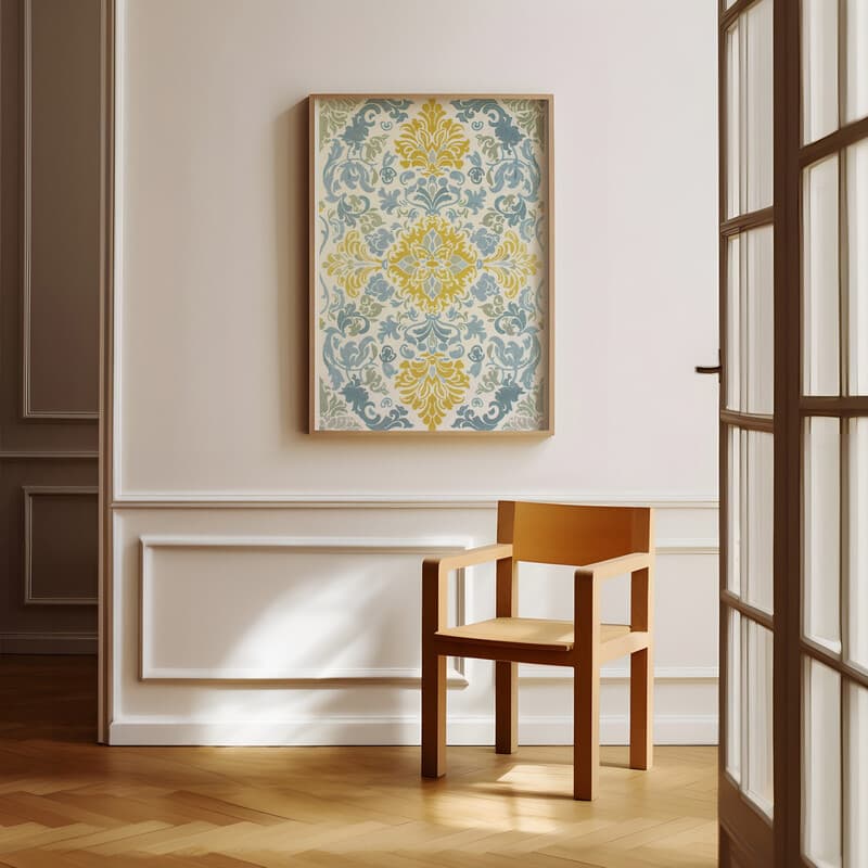 Room view with a full frame of A baroque textile print, symmetric intricate pattern