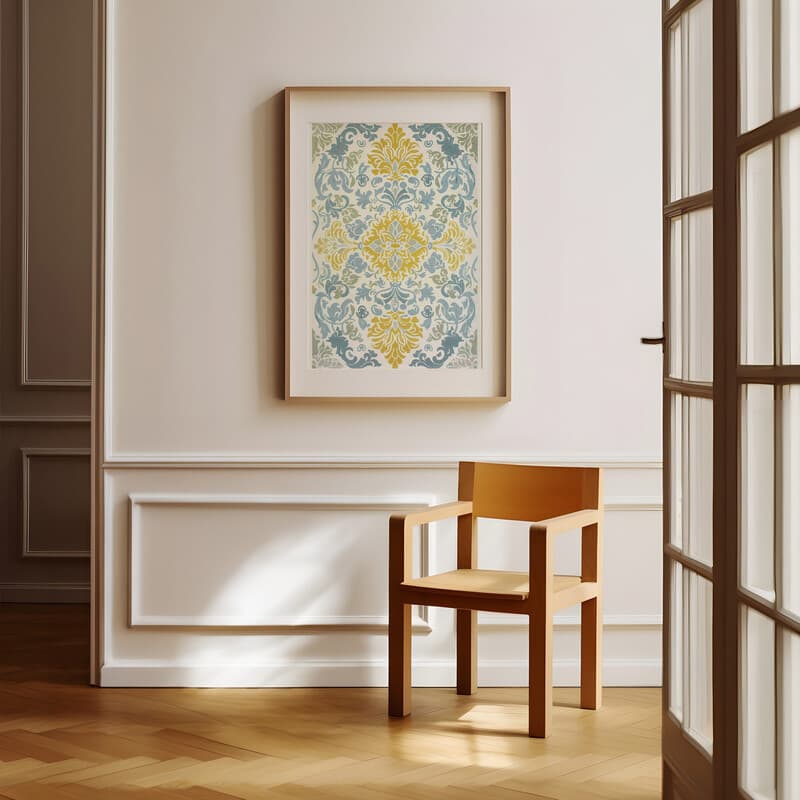 Room view with a matted frame of A baroque textile print, symmetric intricate pattern