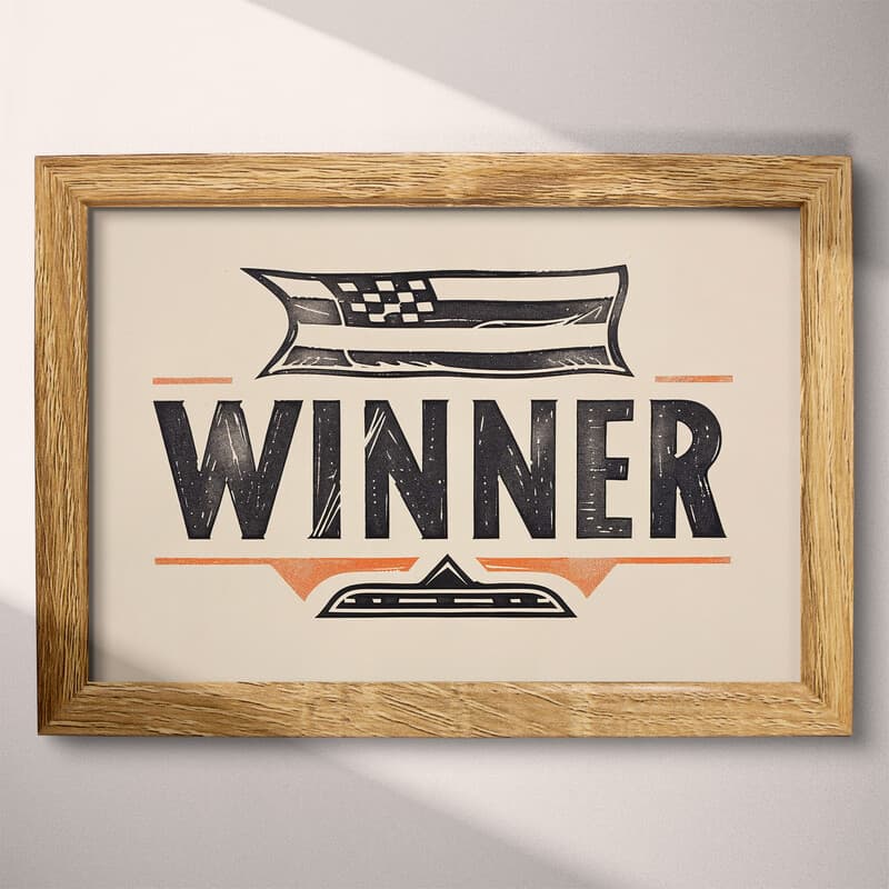 Full frame view of A vintage linocut print, the words "WINNER" with a checkered flag