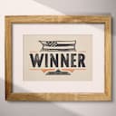 Matted frame view of A vintage linocut print, the words "WINNER" with a checkered flag