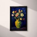 Full frame view of An impressionist oil painting, flowers in a yellow vase with green pattern, dark blue background