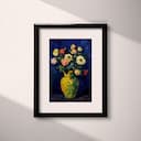 Matted frame view of An impressionist oil painting, flowers in a yellow vase with green pattern, dark blue background