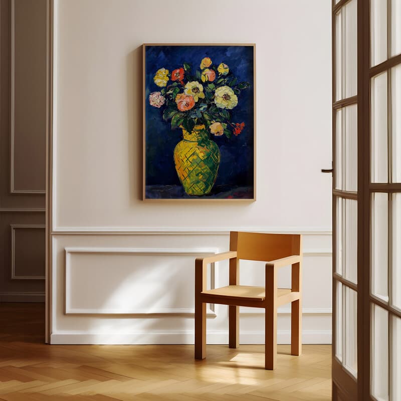 Room view with a full frame of An impressionist oil painting, flowers in a yellow vase with green pattern, dark blue background