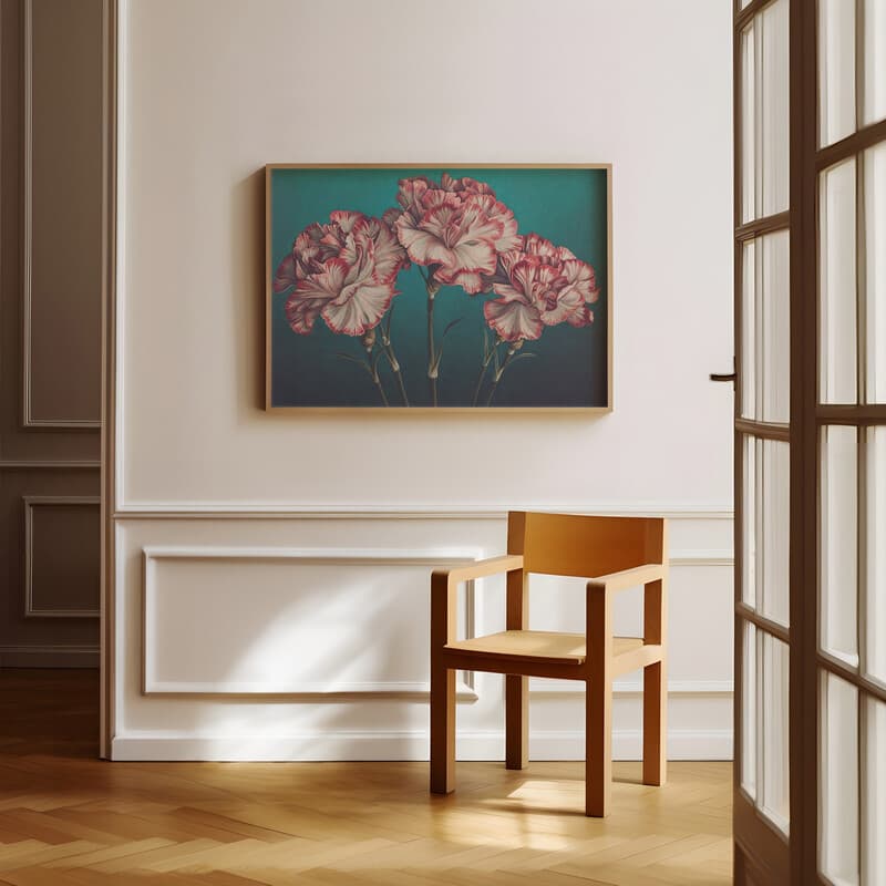 Room view with a full frame of A botanical pastel pencil illustration, carnations
