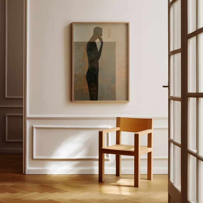 Room view with a full frame of An abstract contemporary oil painting, a man thinking