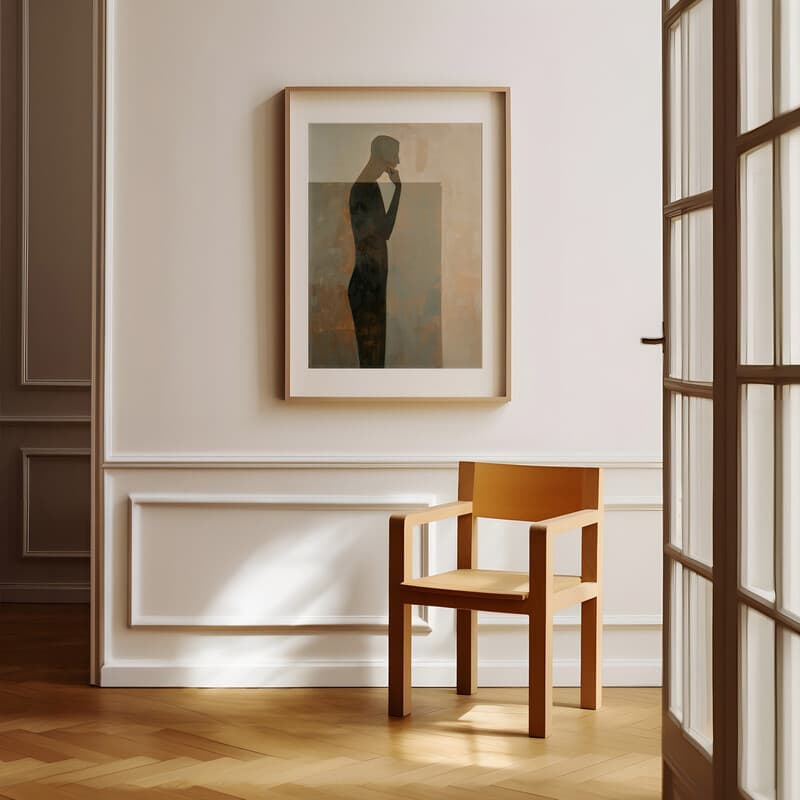 Room view with a matted frame of An abstract contemporary oil painting, a man thinking