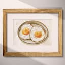 Matted frame view of A rustic pastel pencil illustration, sunny side up eggs on a plate, overhead view