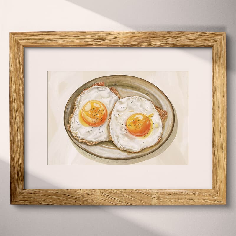 Matted frame view of A rustic pastel pencil illustration, sunny side up eggs on a plate, overhead view