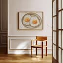 Room view with a full frame of A rustic pastel pencil illustration, sunny side up eggs on a plate, overhead view