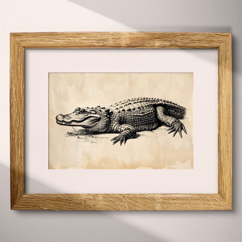 Matted frame view of A vintage graphite sketch, an alligator