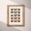 Matted frame view of A retro textile print, symmetric pattern of headphones