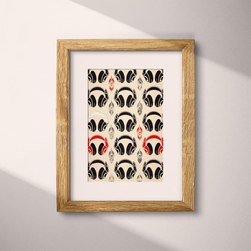 Matted frame view of A retro textile print, symmetric pattern of headphones