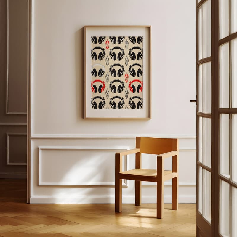 Room view with a matted frame of A retro textile print, symmetric pattern of headphones