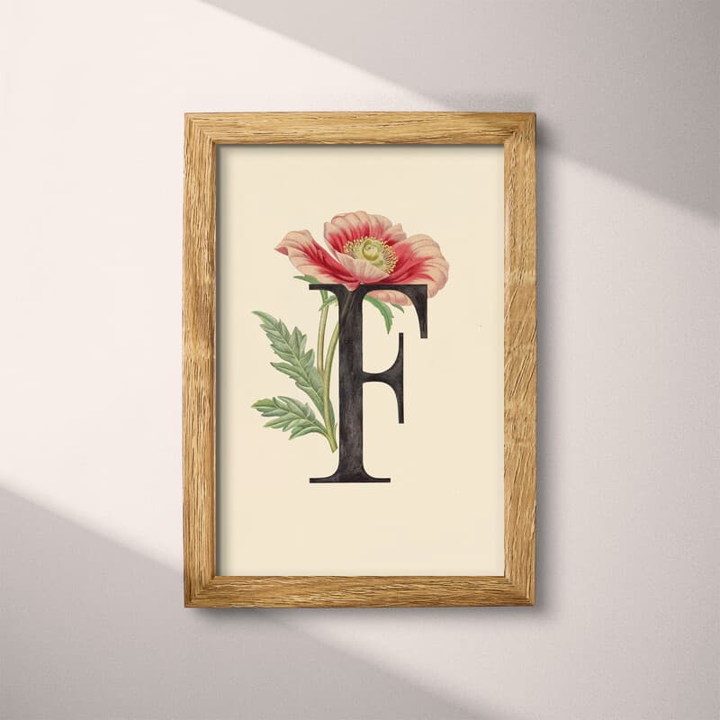 Full frame view of A vintage pastel pencil illustration, the letter "F" with a flower