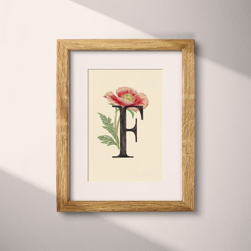 Matted frame view of A vintage pastel pencil illustration, the letter "F" with a flower