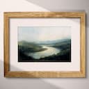 Matted frame view of An impressionist oil painting, river landscape, hills