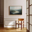 Room view with a full frame of An impressionist oil painting, river landscape, hills