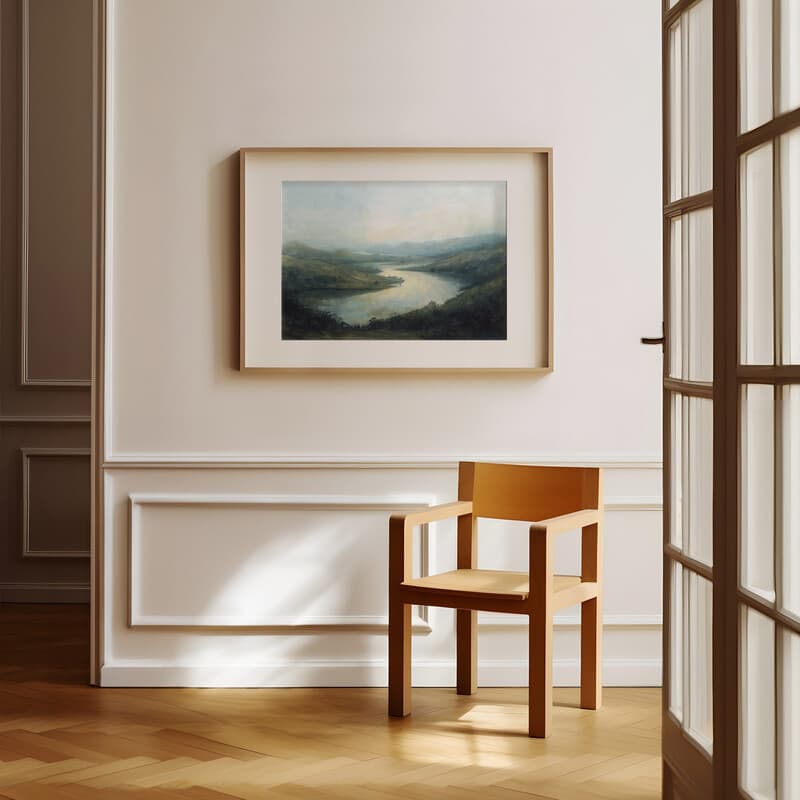 Room view with a matted frame of An impressionist oil painting, river landscape, hills