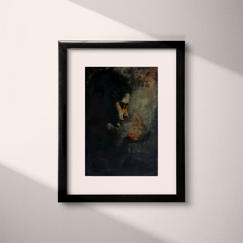 Matted frame view of An abstract vintage oil painting, portrait of a woman with a butterfly on her hand