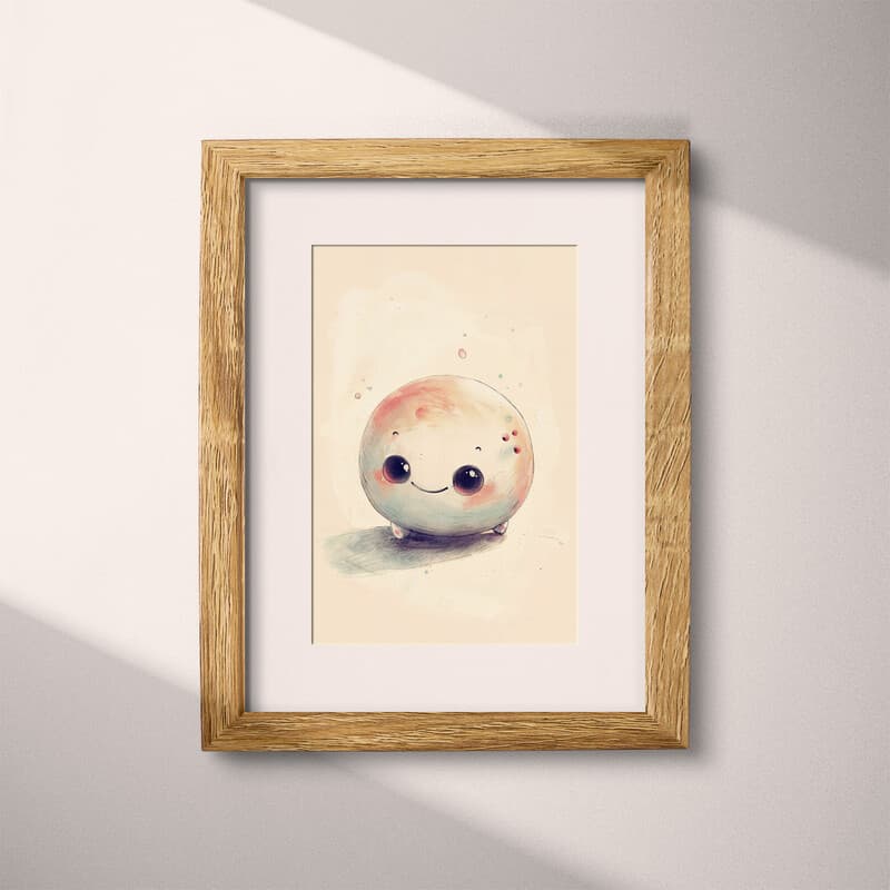 Matted frame view of A cute chibi anime pastel pencil illustration, a bowling ball