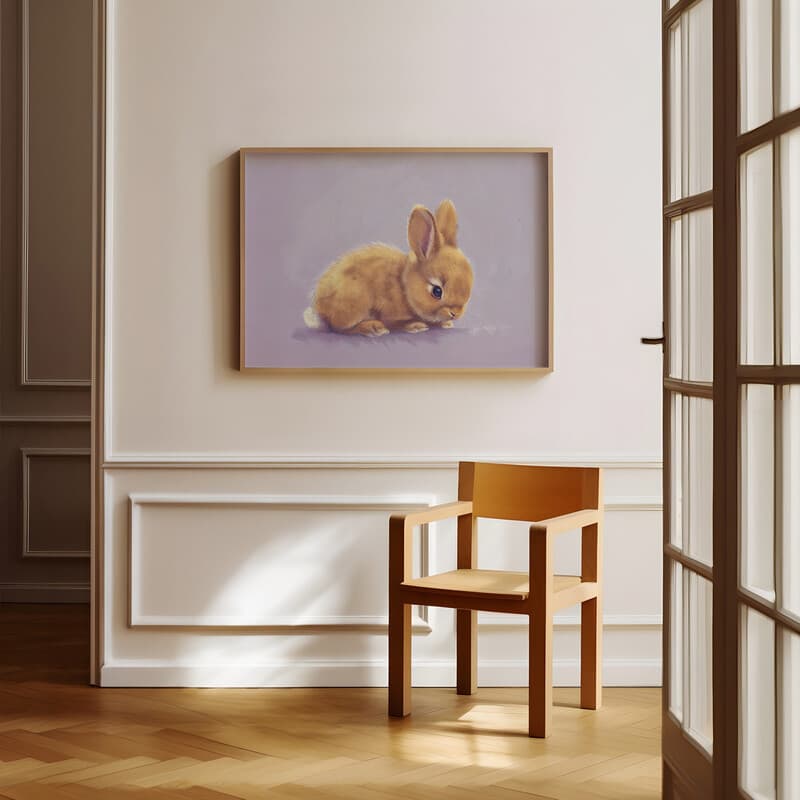 Room view with a full frame of A cute chibi anime colored pencil illustration, a rabbit