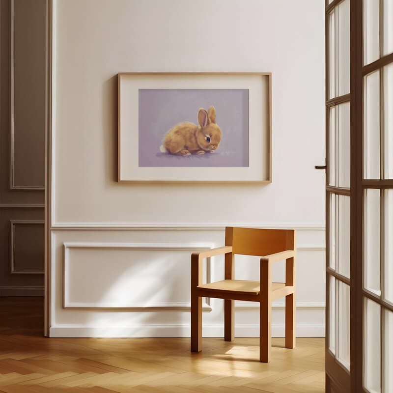 Room view with a matted frame of A cute chibi anime colored pencil illustration, a rabbit