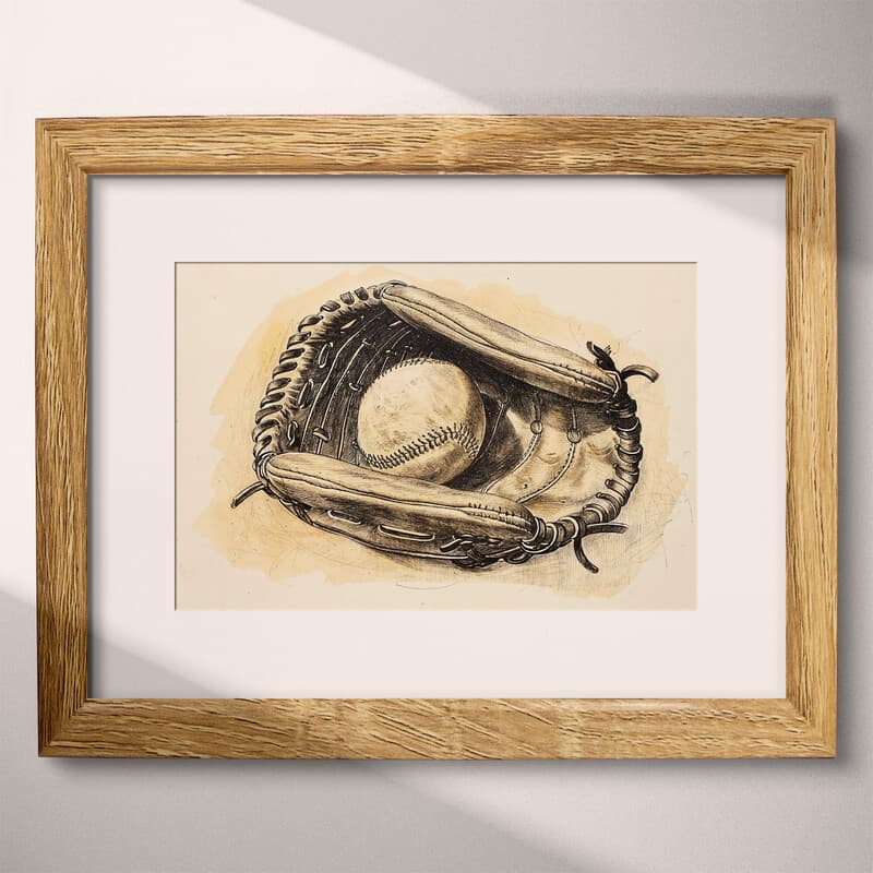 Matted frame view of A vintage pencil sketch, a baseball and mitt