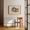 Room view with a matted frame of A vintage pencil sketch, a baseball and mitt