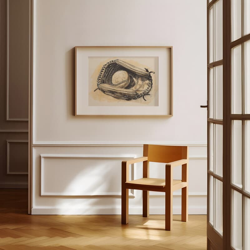 Room view with a matted frame of A vintage pencil sketch, a baseball and mitt