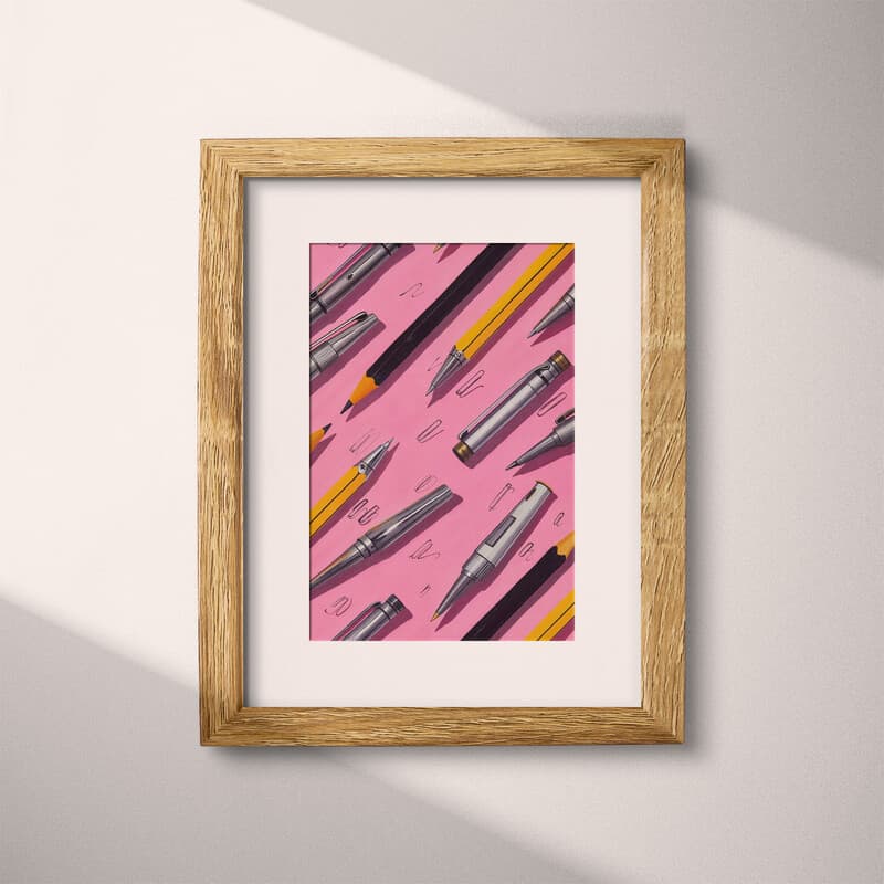 Matted frame view of An industrial textile print, pattern of pens and pencils