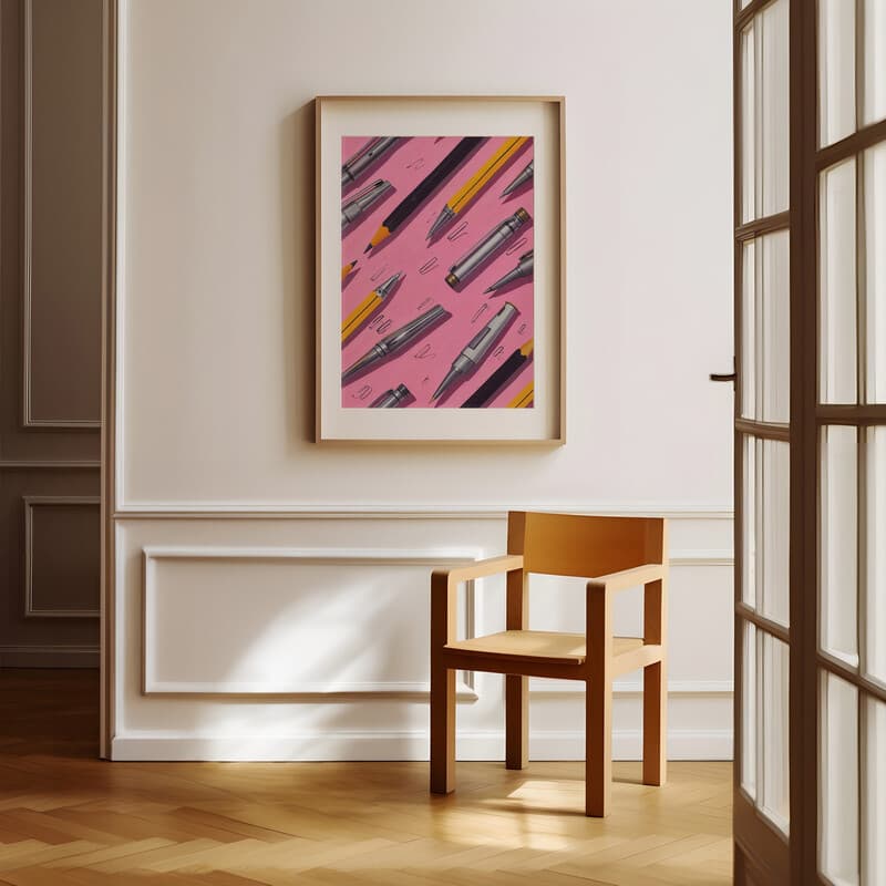 Room view with a matted frame of An industrial textile print, pattern of pens and pencils