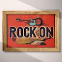 Full frame view of A vintage linocut print, the words "ROCK ON" with an electric guitar