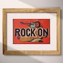 Matted frame view of A vintage linocut print, the words "ROCK ON" with an electric guitar