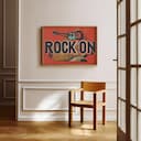 Room view with a full frame of A vintage linocut print, the words "ROCK ON" with an electric guitar