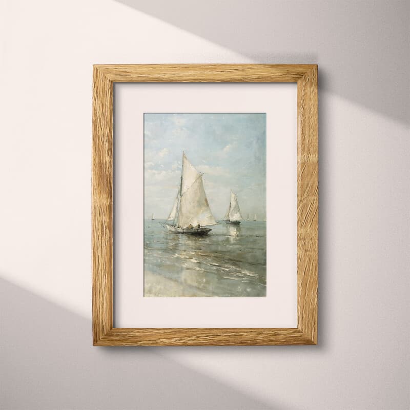 Matted frame view of An impressionist oil painting, a group of sailboats in the sea, distant view