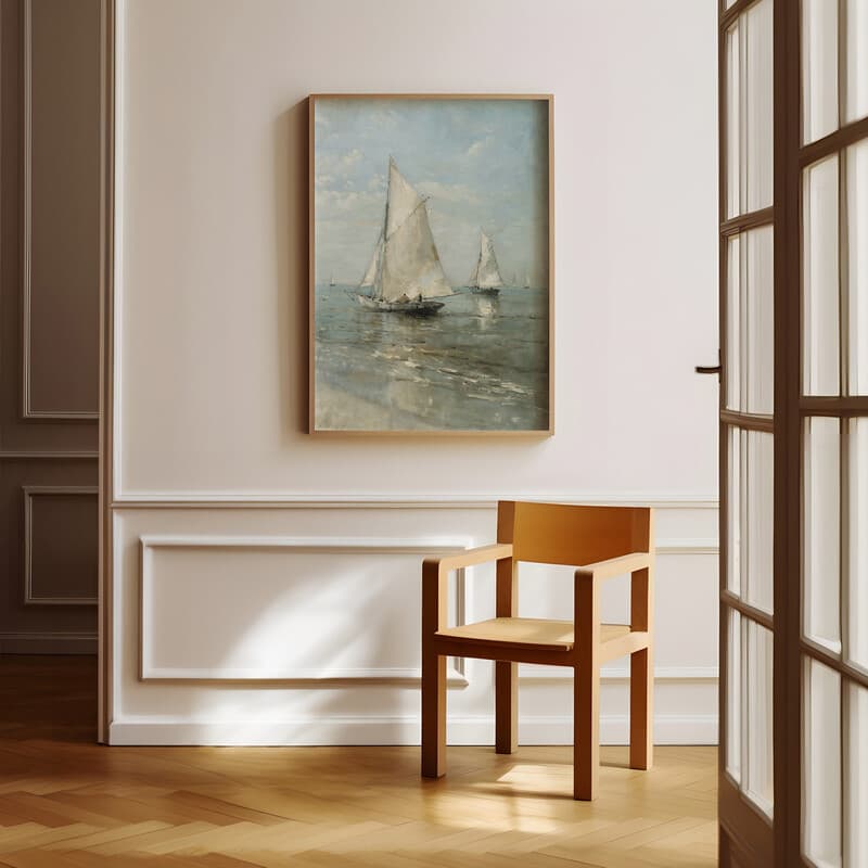 Room view with a full frame of An impressionist oil painting, a group of sailboats in the sea, distant view