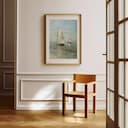 Room view with a matted frame of An impressionist oil painting, a group of sailboats in the sea, distant view